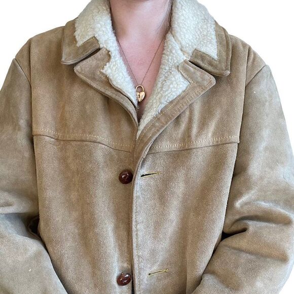 Vintage 80s Mens Aldens Tan Brown Suede Faux Shearling Lined Western Jacket 44R - Picture 5 of 11